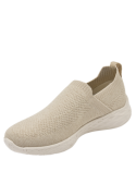 Zapatilla textil beige de mujer, punta redonda y caña de 6 cm, versátil y funcional.