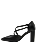 Elegante zapato de vestir negro de cuero para mujer con taco bloque, ideal para resaltar en eventos formales.