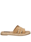 Sandalia de cuero camel para mujer, diseño moderno y cómodo, ideal para verano.