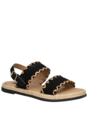 Sandalia negra de cuero y fibra, estilo casual para mujer, con taco plano de 2 cm y punta abierta.