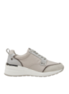zapatilla taupe de cuero y textil para mujer, estilo casual con taco cuña de 8 cm y punta redonda.