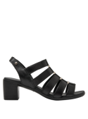 Sandalia negra de mujer casual con taco bloque de 6 cm, mezcla de cuero y textil.
