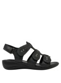 Sandalia negra de cuero para mujer, estilo casual, con taco plano de 3.5 cm y punta abierta.