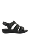 Sandalia negra de cuero para mujer, estilo casual, con taco plano de 3.5 cm y punta abierta.