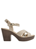 Sandalia beige de mujer con taco bloque de 9.5 cm, estilo casual y material textil y cuero.