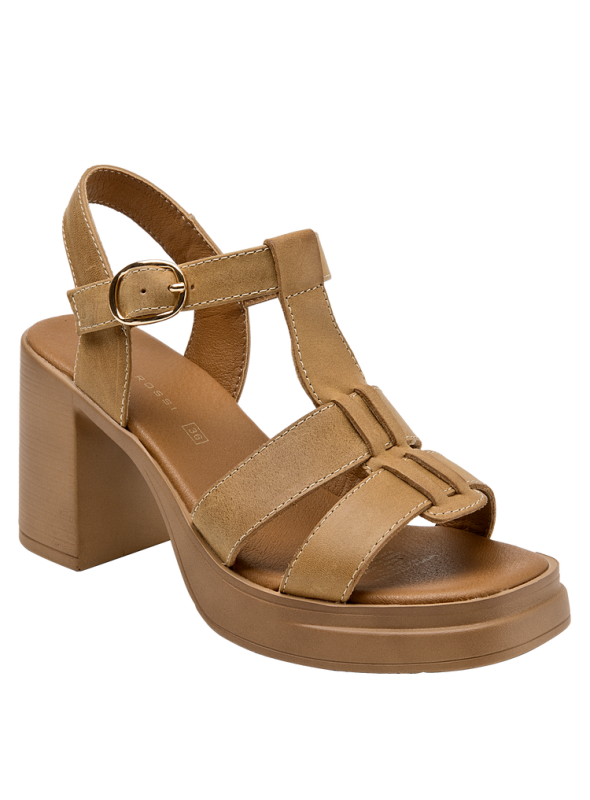 Sandalia camel de cuero para mujer, diseño casual con punta abierta y forro de poliuretano.