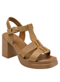 Sandalia camel de cuero para mujer, diseño casual con punta abierta y forro de poliuretano.