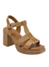 Sandalia camel de cuero para mujer, diseño casual con punta abierta y forro de poliuretano.