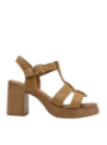 Sandalia de mujer camel de cuero, estilo casual con taco bloque de 8 cm, ideal para el verano.