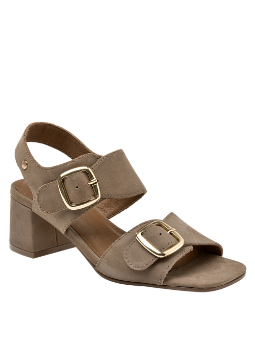 Elegante sandalia de cuero taupe con taco bloque, perfecta para verano.
