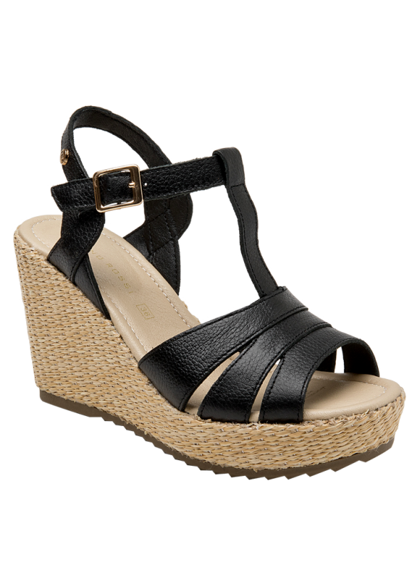 Sandalia de cuero oro para mujer, estilo casual, con taco cuña de 10 cm y punta abierta.