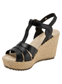 Sandalia casual de cuero negro para mujer, punta abierta y taco cuña, comodidad y estilo.