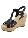 Sandalia casual de cuero negro para mujer, punta abierta y taco cuña, comodidad y estilo.