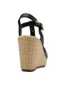 Sandalia negra de cuero para mujer con taco cuña, estilo casual, ideal para el verano.