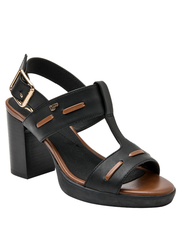 Sandalia casual de cuero negro para mujer, con punta abierta y taco bloque, perfecta para mantener frescura.
