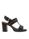Sandalia negra de cuero para mujer, diseño casual con taco bloque, ideal para días calurosos por su comodidad.