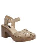 Sandalia de cuero beige para mujer, diseño casual, ideal para verano, taco bloque y punta redonda.