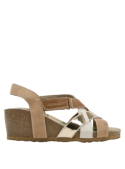 Sandalia beige de cuero para mujer, estilo casual con taco cuña de 6 cm y suela antideslizante.