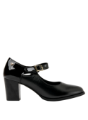 Zapato de cuero negro para mujer, estilo vestir, ideal para ocasiones formales y laborales.