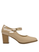 Zapato de vestir beige de cuero para mujer, diseño elegante y formal con taco bloque de 6 cm.