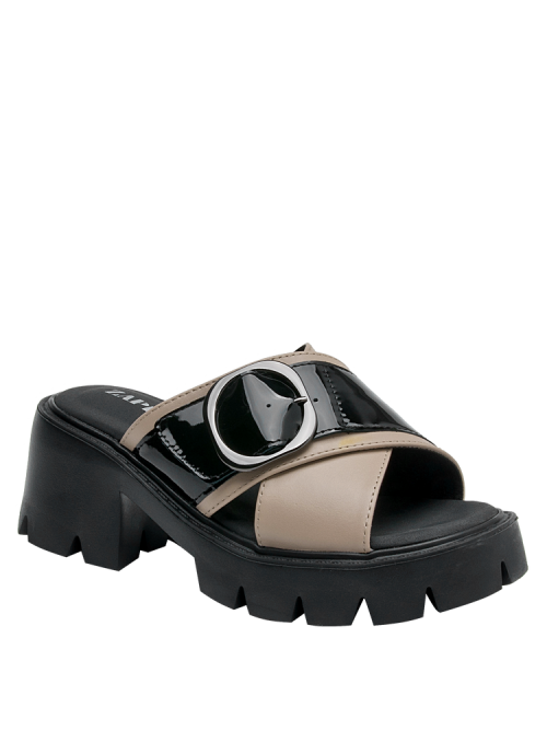 sandalia taupe de cuero para mujer con taco bloque de 8 cm y diseño contemporáneo