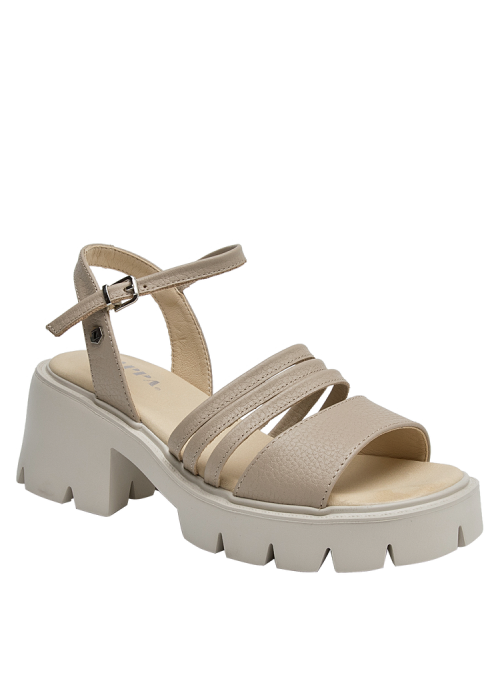 Sandalia de cuero taupe, punta abierta, casual, ideal para días cálidos, taco bloque que estiliza.