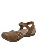 Sandalia camel casual de cuero para mujer, diseño moderno, cómoda para días cálidos.