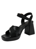 Sandalia femenina de cuero negro, diseño moderno con taco bloque.