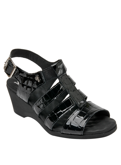 Sandalia de cuero negro para mujer, diseño anatómico y forro de poliuretano para mayor suavidad.