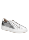 zapatilla de cuero plata para mujer con diseño urbano y taco plano de 3 cm