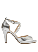 Sandalia de vestir para mujer en color plata, hecha de cuero, con taco aguja de 9.2 cm y punta abierta.