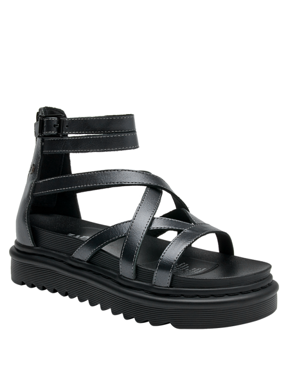 Sandalia negra de cuero para mujer, estilo casual con punta abierta.