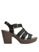 Sandalia de cuero negro para mujer, estilo casual, con taco bloque de 9.5 cm, ideal para el verano.