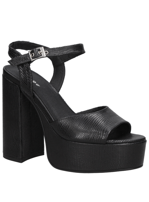Sandalia de mujer negra de charol en cuero con taco bloque de 12 cm y punta abierta.
