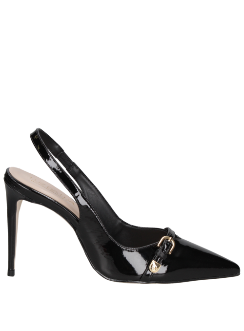 Zapato de charol negro para mujer de cuero premium con taco aguja de 10 cm, estilo elegante y sofisticado.