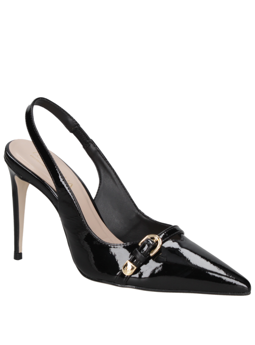 Zapato de charol negro para mujer de cuero premium con taco aguja de 10 cm, estilo elegante y sofisticado.