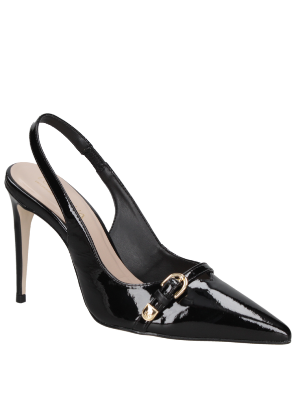 Zapato rosado de charol de cuero para mujer con taco aguja, elegante y sofisticado.