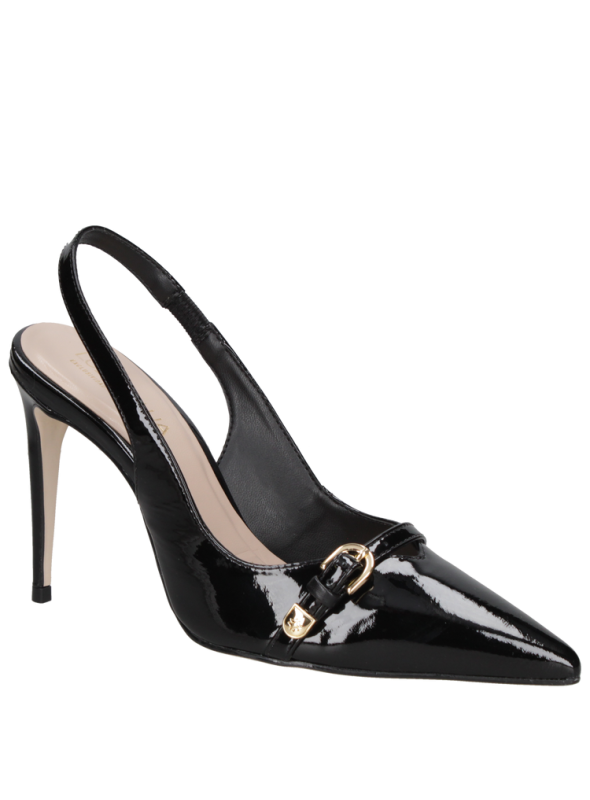 Zapato de charol negro para mujer de cuero premium con taco aguja de 10 cm, estilo elegante y sofisticado.