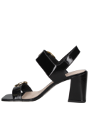 Sandalia de cuero negro para mujer, forro sintético cómodo y taco bloque estilizador.