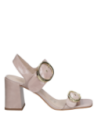 Calzado femenino de cuero rosado con taco bloque de 8 cm y punta abierta.