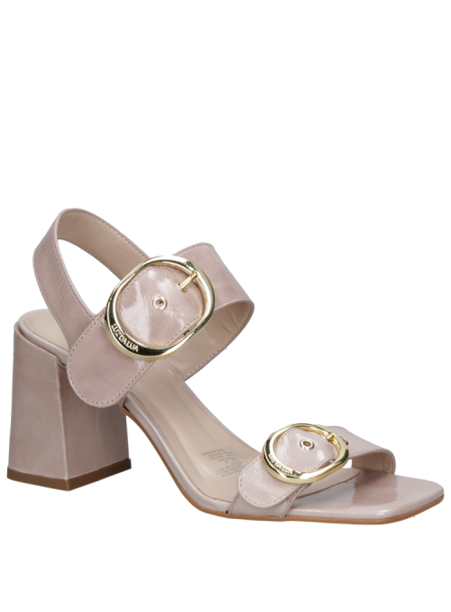 Sandalia de cuero rosado para mujer con acabado en charol, elegante y sofisticada.