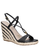 Sandalia negra de cuero para mujer con taco cuña de 10.8 cm, estilo casual elegante.