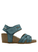 Sandalia de cuero azul con taco cuña de 6 cm, estilo urbano para mujer.