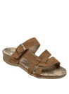 Sandalia camel de cuero, diseño urbano con forro de microfibra y punta abierta para mayor frescura.