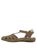 Sandalia de cuero taupe para mujer, estilo casual, con taco plano de 2 cm y suela de buen agarre.