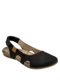 Sandalia de cuero negro para mujer con diseño semi-cerrado y correa ajustable, perfecta para un estilo casual y elegante.