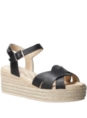 Sandalia negra de cuero para mujer, estilo casual, con taco cuña de 9.5 cm y diseño anatómico.