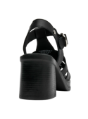 Moderna sandalia negra de cuero para mujer, con taco bloque y detalles en poliuretano.