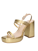 Sandalia dorada de cuero para mujer, diseño moderno con tiras cruzadas y taco cuadrado, ideal para ocasiones semiformales.