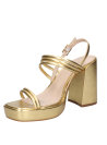 Sandalia dorada de cuero para mujer, diseño moderno con tiras cruzadas y taco cuadrado, ideal para ocasiones semiformales.
